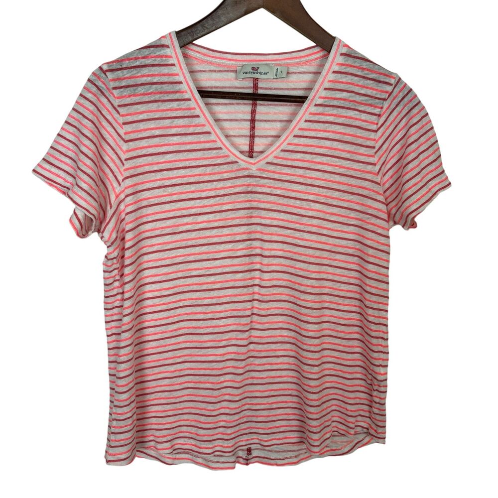 Vineyard Vines Pink White Red Striped V-Neck Linen T-Shirt Women's Small
